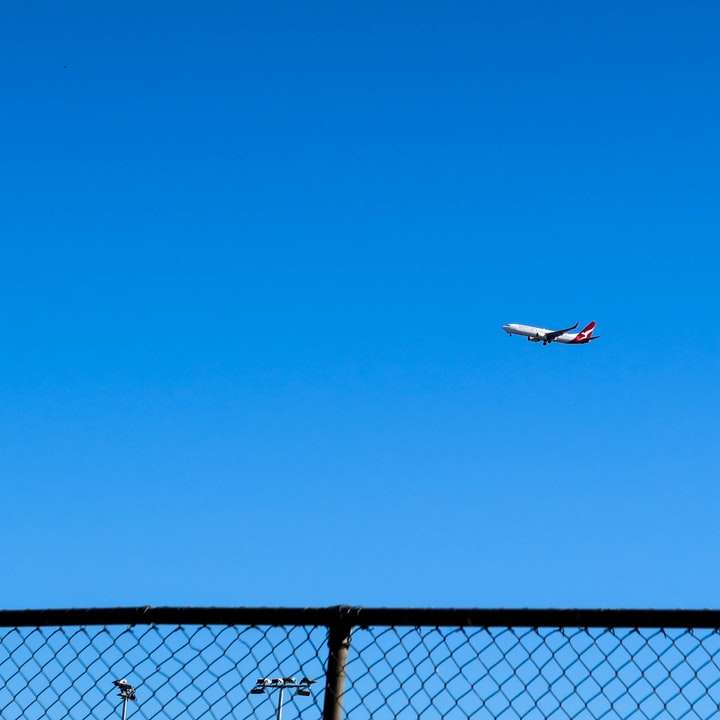 white and red airplane flying over black metal fence online puzzle