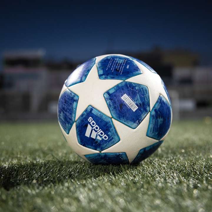 pallone da calcio bianco e blu sul campo di erba verde puzzle scorrevole online