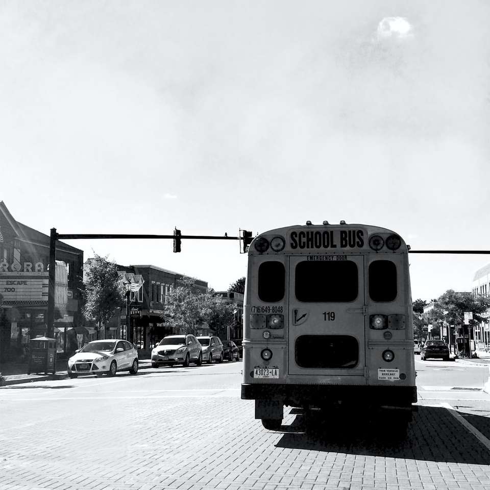 жълт училищен автобус на път през деня онлайн пъзел