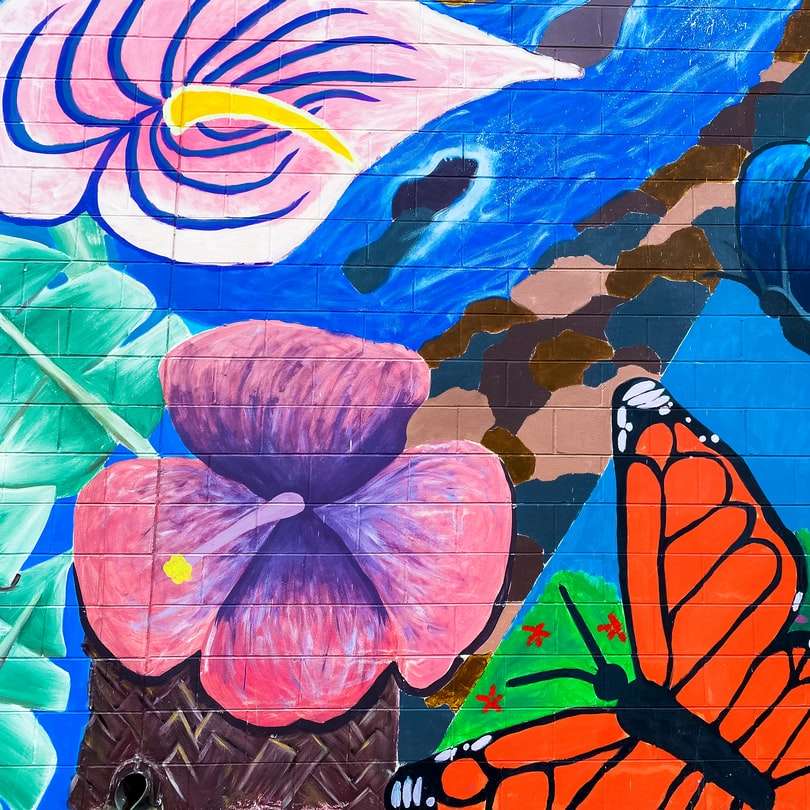 fluture monarh cocoțat pe pictura cu flori roz puzzle online