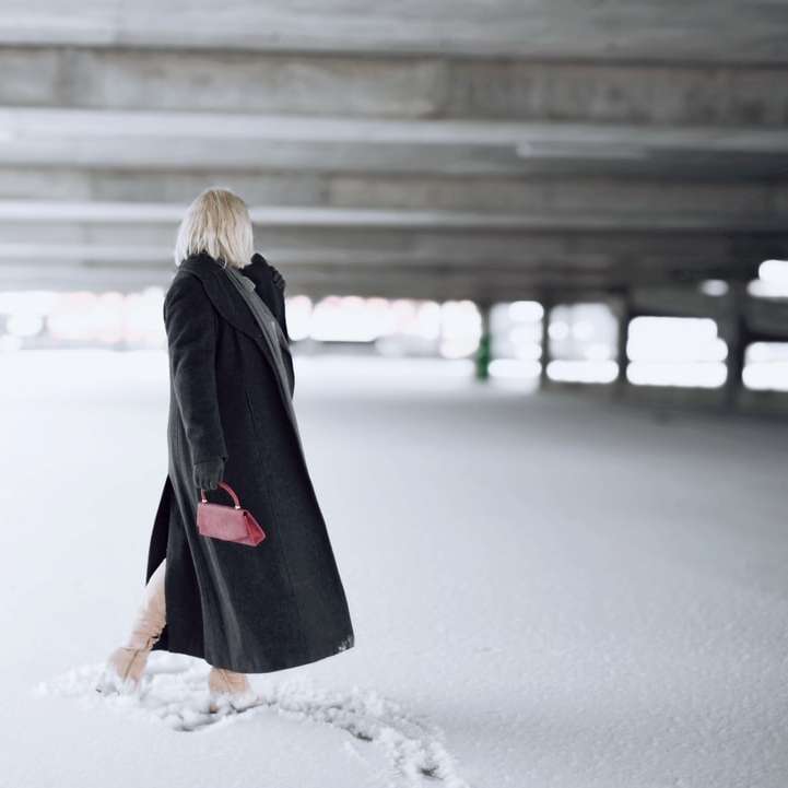 Mujer de abrigo negro de pie sobre un suelo cubierto de nieve rompecabezas en línea