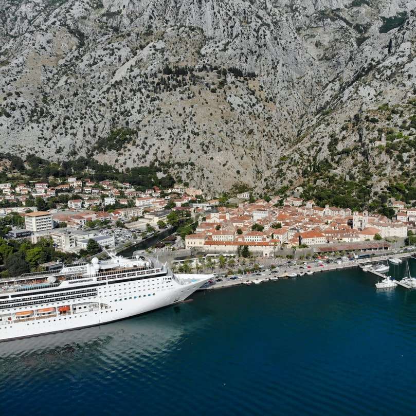 white cruise ship on body of water near mountain online puzzle