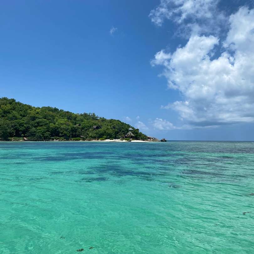 Zielona wyspa otoczona błękitnym morzem pod błękitnym niebem puzzle online