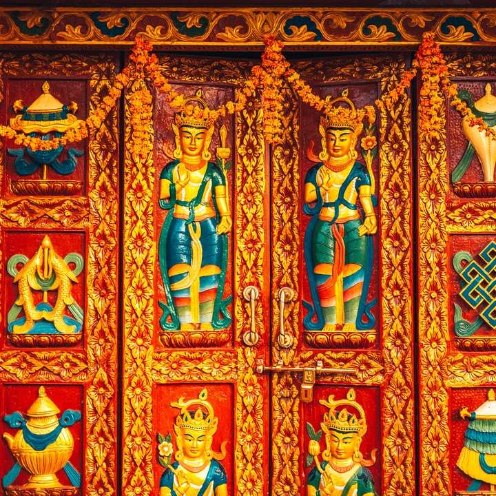 Decorazione della parete in legno rossa e gialla blu puzzle scorrevole online
