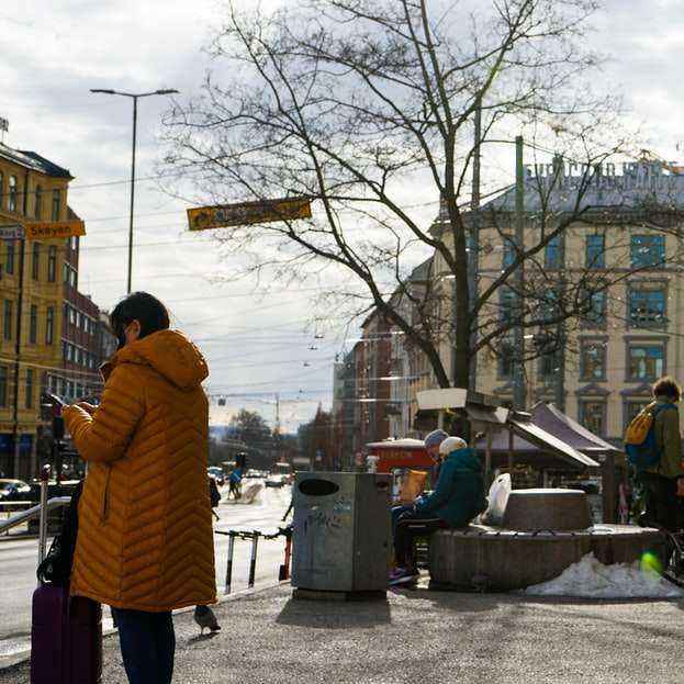 Ludzie chodzą po ulicy w pobliżu brązowego betonu budynku puzzle online