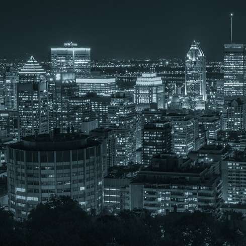 Foto en escala de grises de edificios de la ciudad durante la noche. puzzle deslizante online