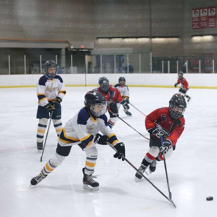 Mężczyźni grający na hokej na lodzie na lodowym stadionie puzzle przesuwne online
