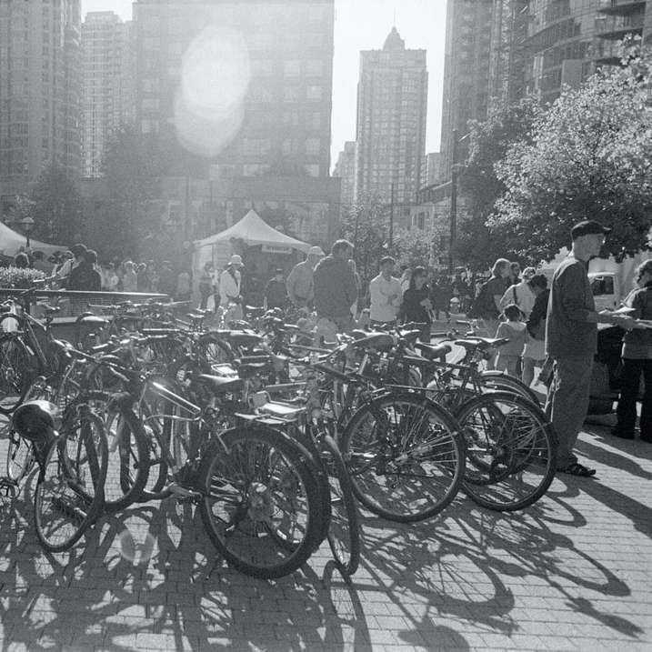 grayscale photo of bicycles parked on the side of the road online puzzle