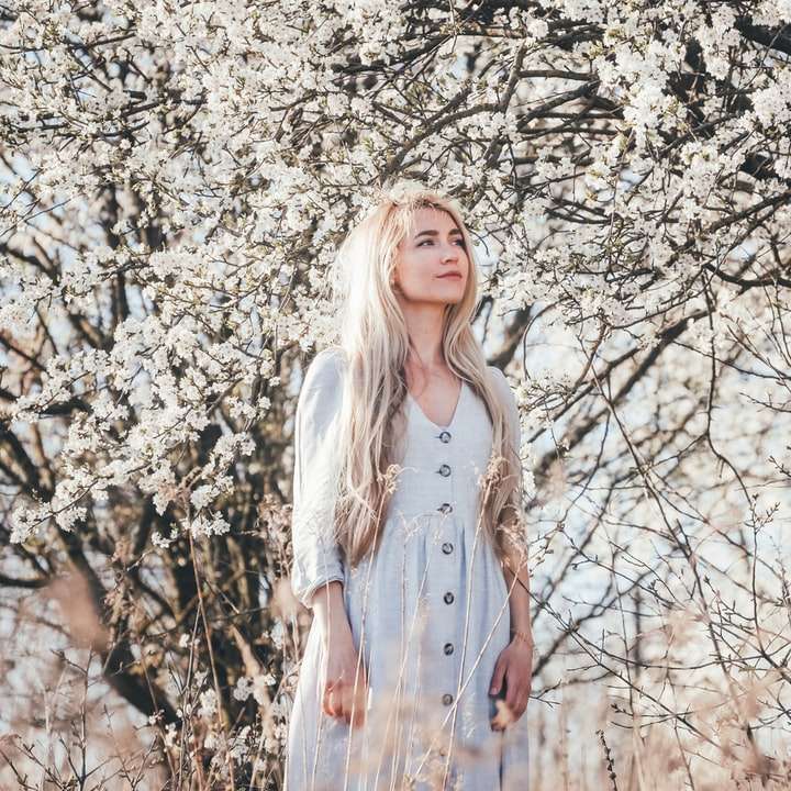 白い葉の木の近くに立っている白いドレスの女性 スライディングパズル・オンライン