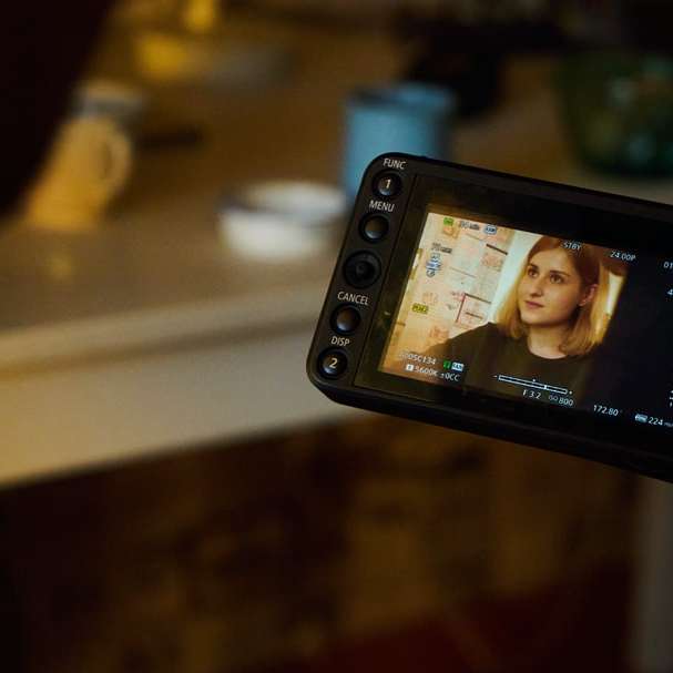 Svart Sony Smartphone Visar Kvinna I Svart Skjorta Pussel online