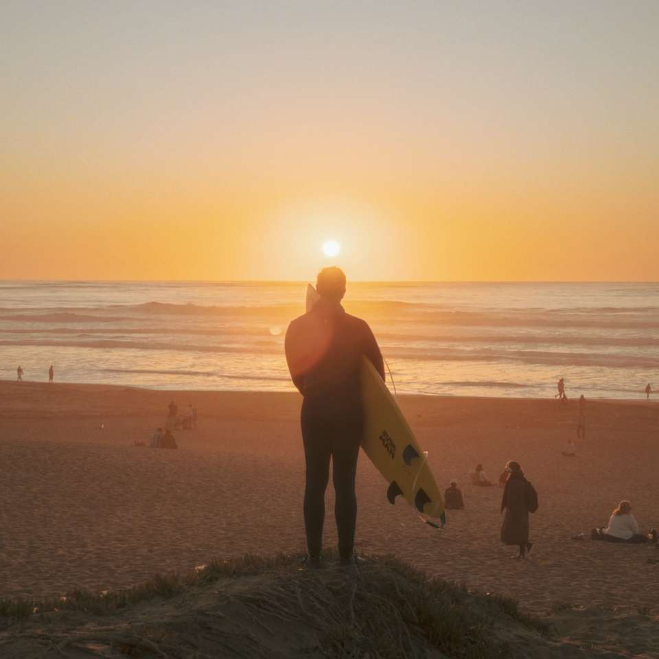 Silhouet van man met surfplank wandelen op het strand online puzzel