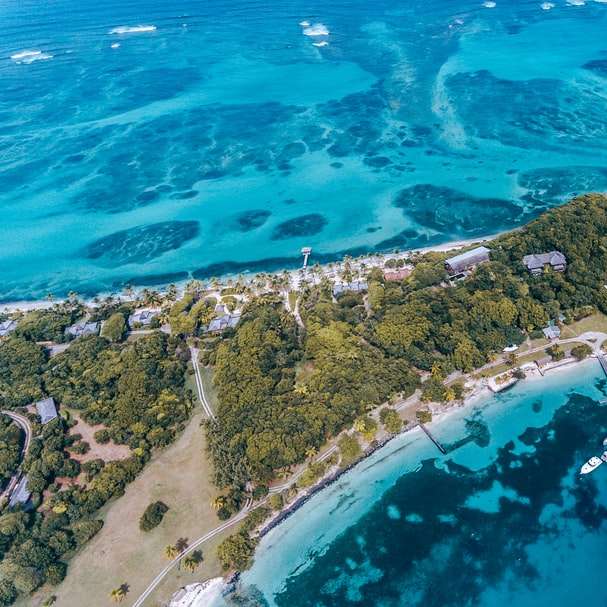Widok z lotu ptaka zielonej i brązowej wyspy w ciągu dnia puzzle przesuwne online