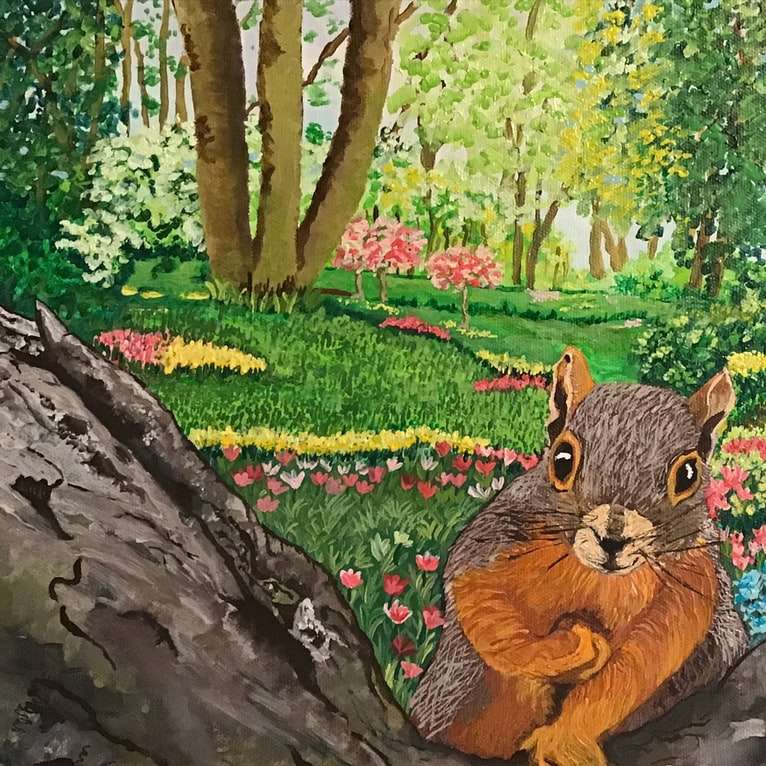Hnědá veverka na stromě větve malování online puzzle