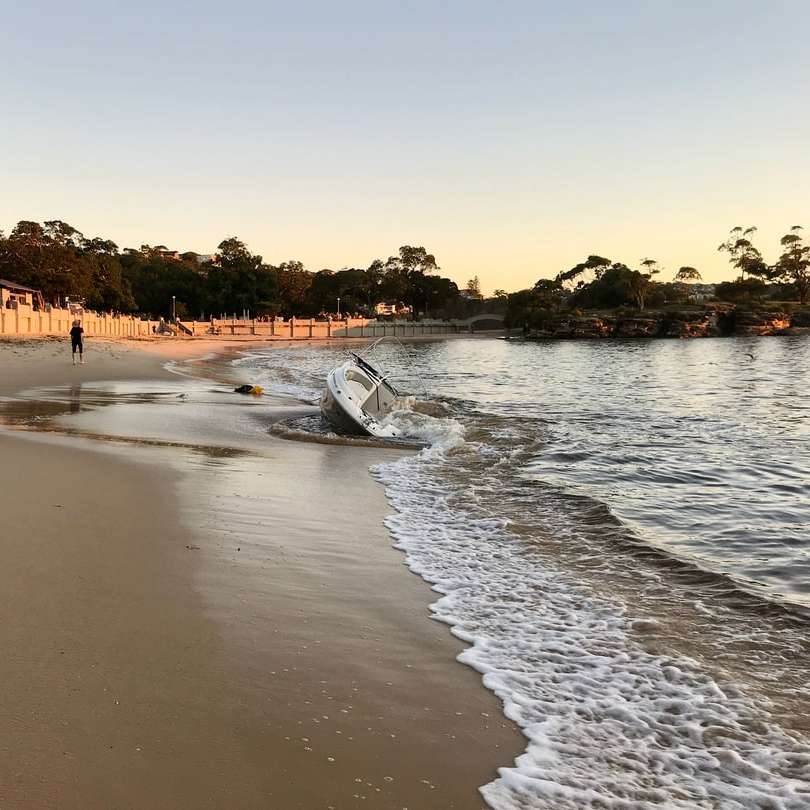 Boat alb și negru pe plajă în timpul zilei alunecare puzzle online
