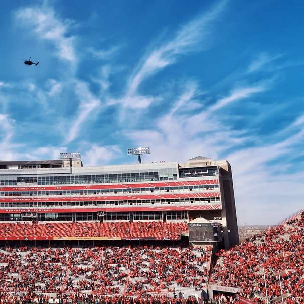 Стая птиц пролетает над красно-белым стадионом онлайн-пазл