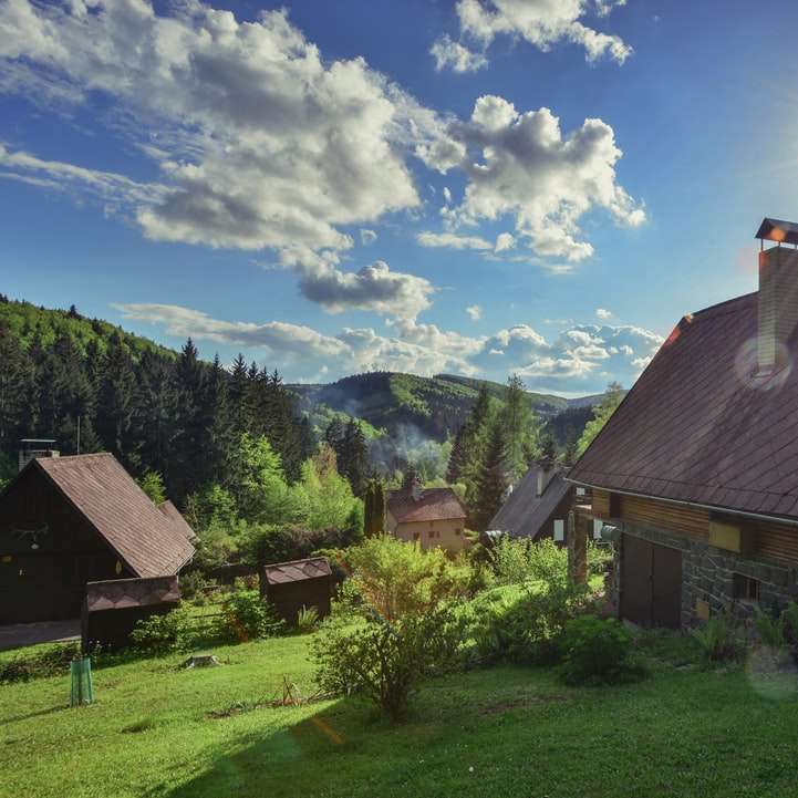 кафява и сива къща близо до зелени дървета под синьо небе онлайн пъзел