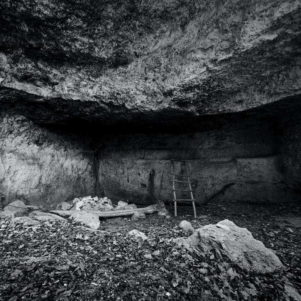 Graustufenfoto der Person in der Höhle Schiebepuzzle online