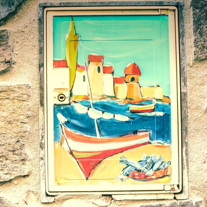 Pintura en barco azul y rojo puzzle deslizante online