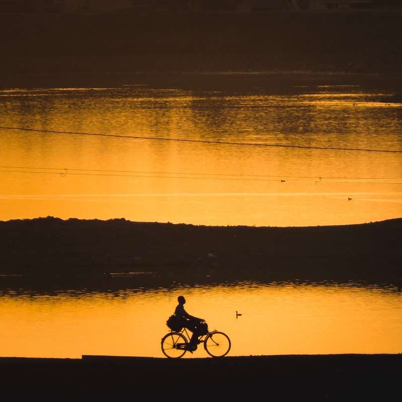 Sylwetka 2 osób jazdy na rowerze na brzegu morza puzzle online
