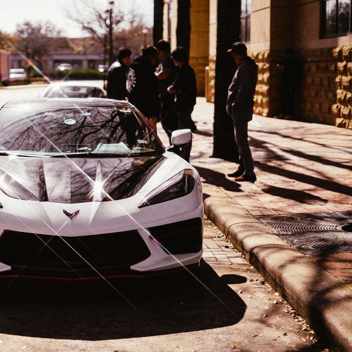 Λευκό και μαύρο Lamborghini Aventador παρκαρισμένο στο πεζοδρόμιο online παζλ