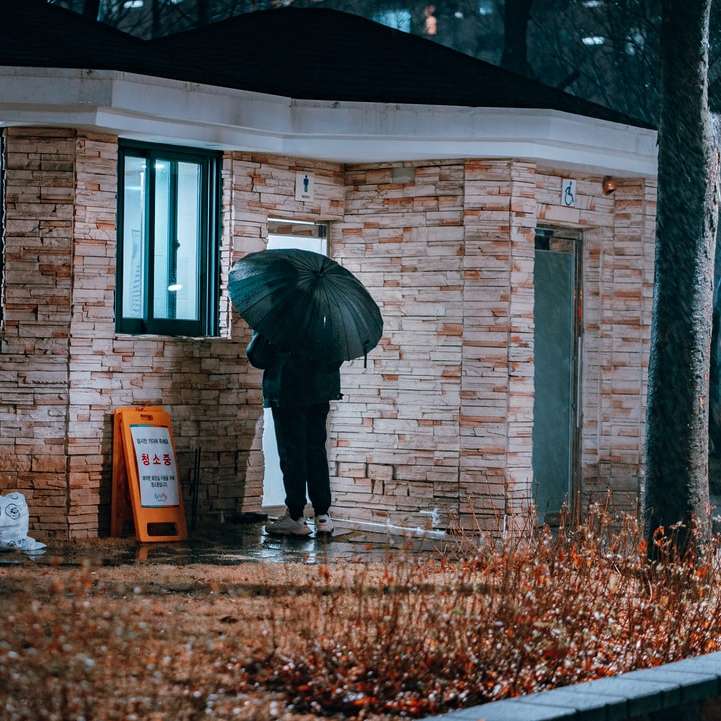 Osoba v černé bundě stojící poblíž hnědé cihlové budovy online puzzle