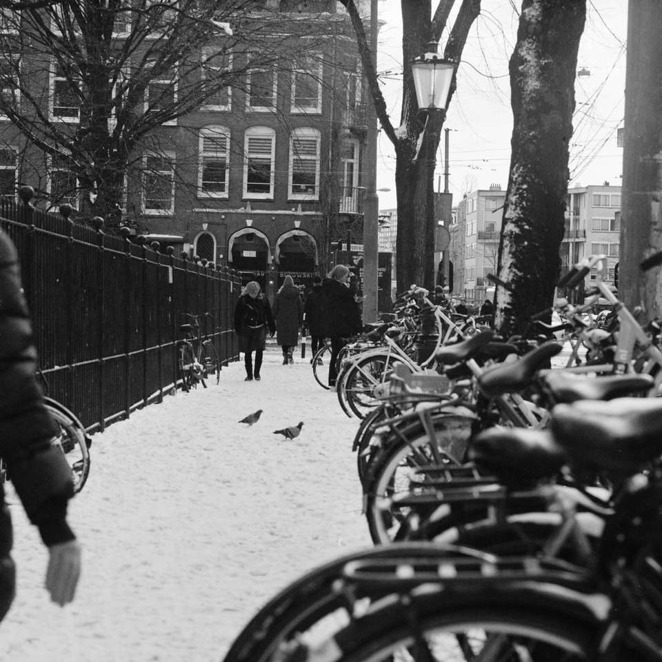 Grayscale-foto van mensen die fietsen op weg rijden online puzzel