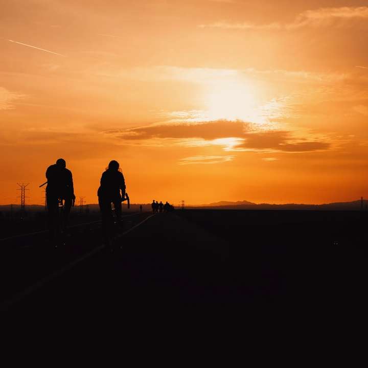 Σιλουέτα 2 άτομα με τα πόδια στο πεδίο κατά τη διάρκεια του ηλιοβασιλέματος συρόμενο παζλ online