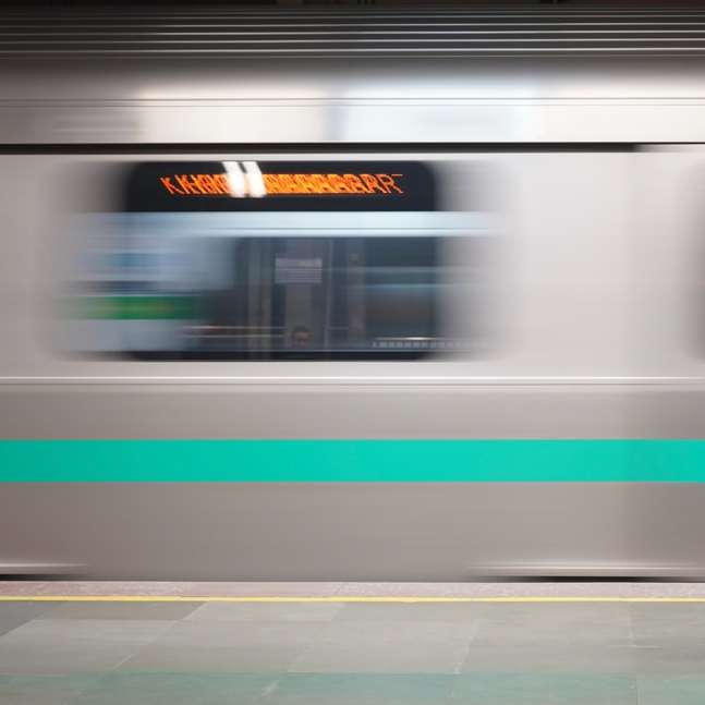 Γυναίκα σε λευκό σακάκι που στέκεται δίπλα στο τρένο online παζλ