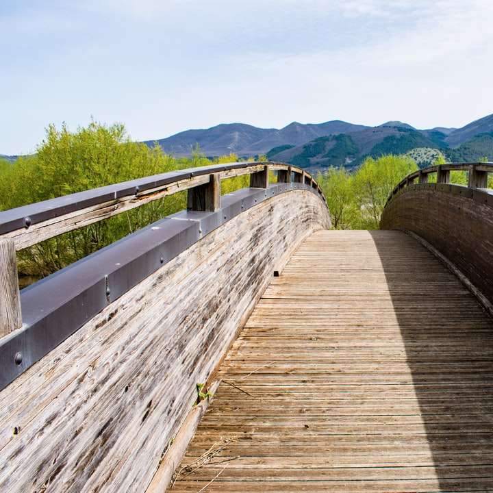 Puente de madera marrón sobre el río rompecabezas en línea