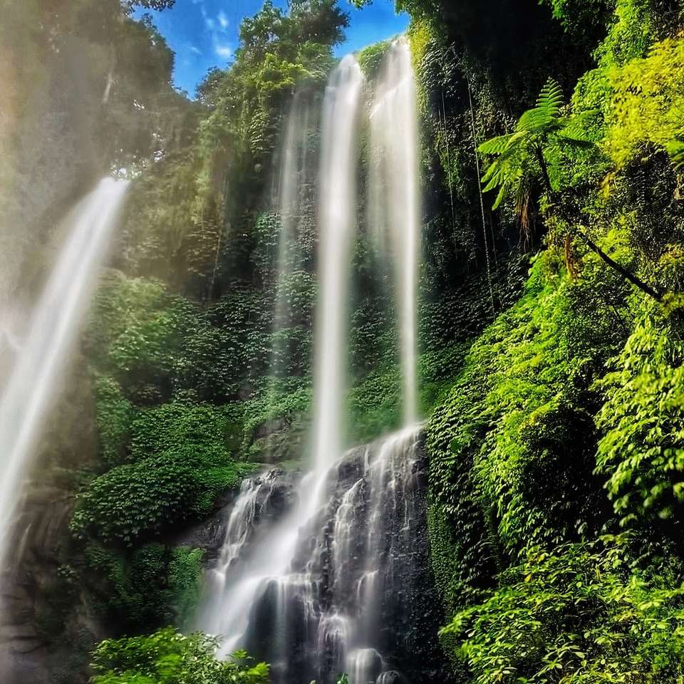 Watervallen in het midden van groene bomen overdag schuifpuzzel online