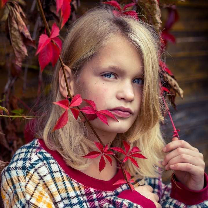girl in red white and blue plaid shirt online puzzle
