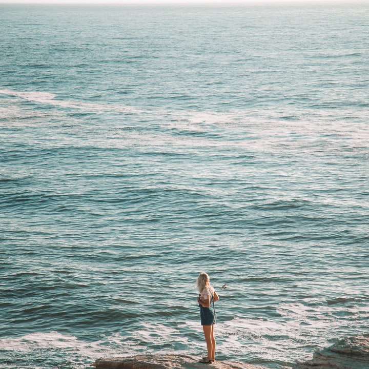 Mujer en camisa blanca y pantalones cortos negros de pie en la orilla del mar rompecabezas en línea