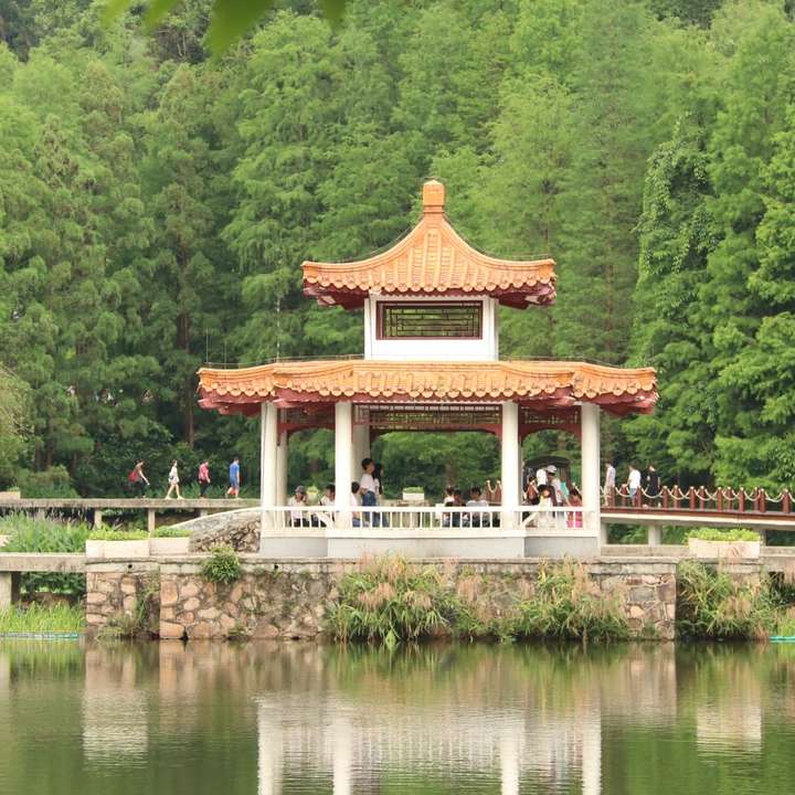 Brązowy i biały świątynia w pobliżu jeziora w ciągu dnia puzzle online