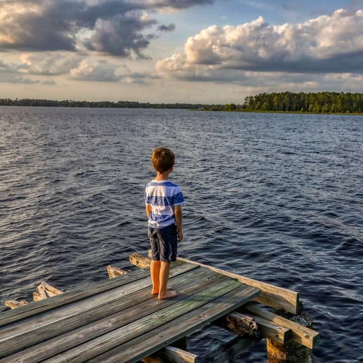 băiat în tricou alb stând pe docul din lemn în timpul zilei alunecare puzzle online
