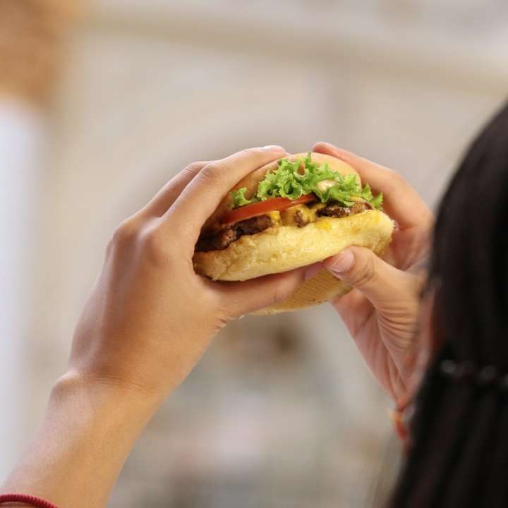 Persoana care deține burger cu salată și roșii alunecare puzzle online