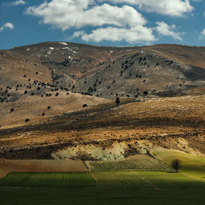 campo di erba verde vicino alle montagne marroni sotto il cielo blu puzzle online