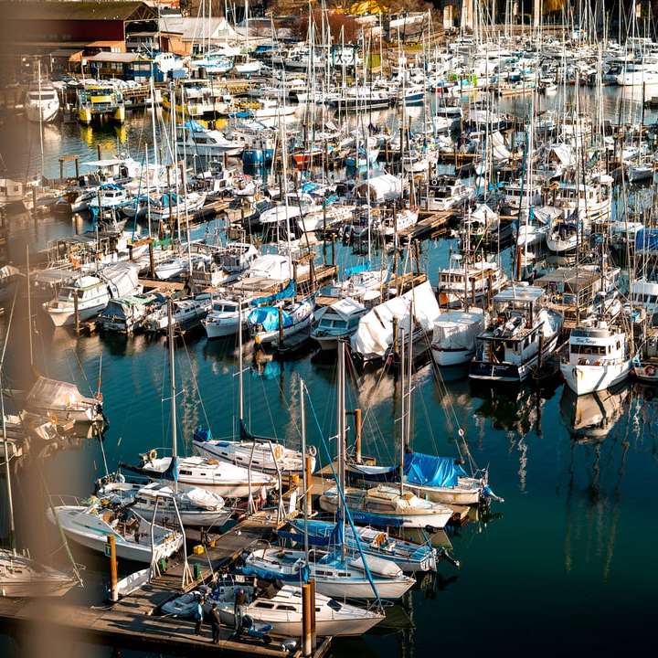 tagsüber weiße und blaue Boote am Dock Schiebepuzzle online