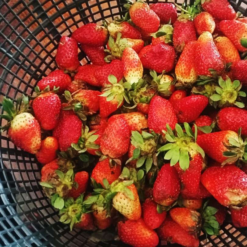 jordgubbar på svart plastkorg Pussel online