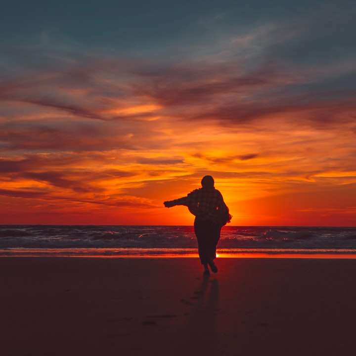 silueta, de, hombre estar de pie, en, playa, durante, ocaso puzzle deslizante online