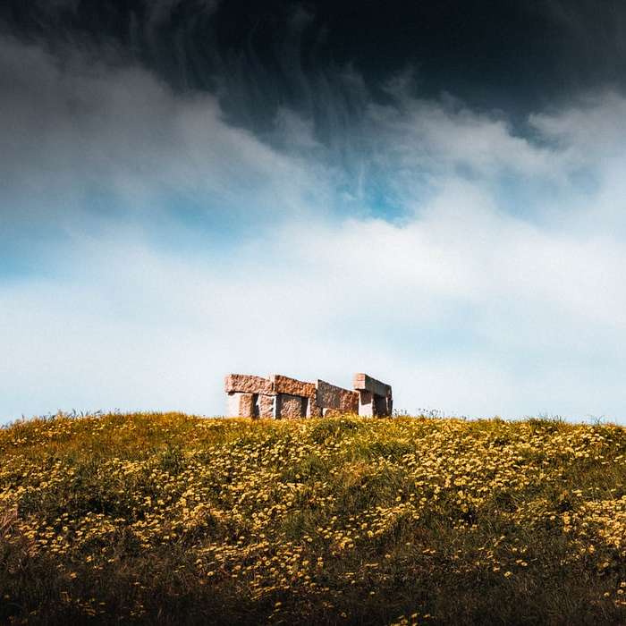 edificio in mattoni marroni sul campo di erba verde sotto il cielo blu puzzle online