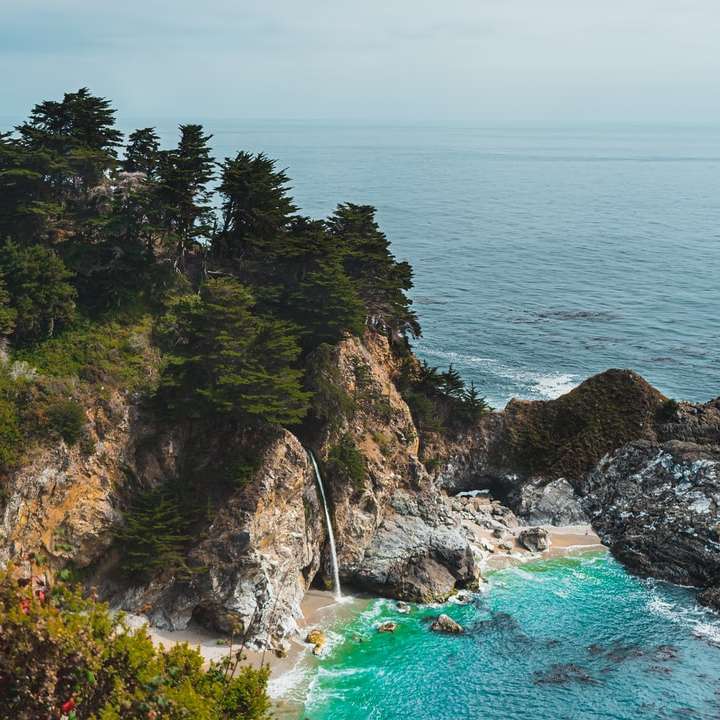 alberi verdi sulla montagna rocciosa marrone accanto al mare blu puzzle online