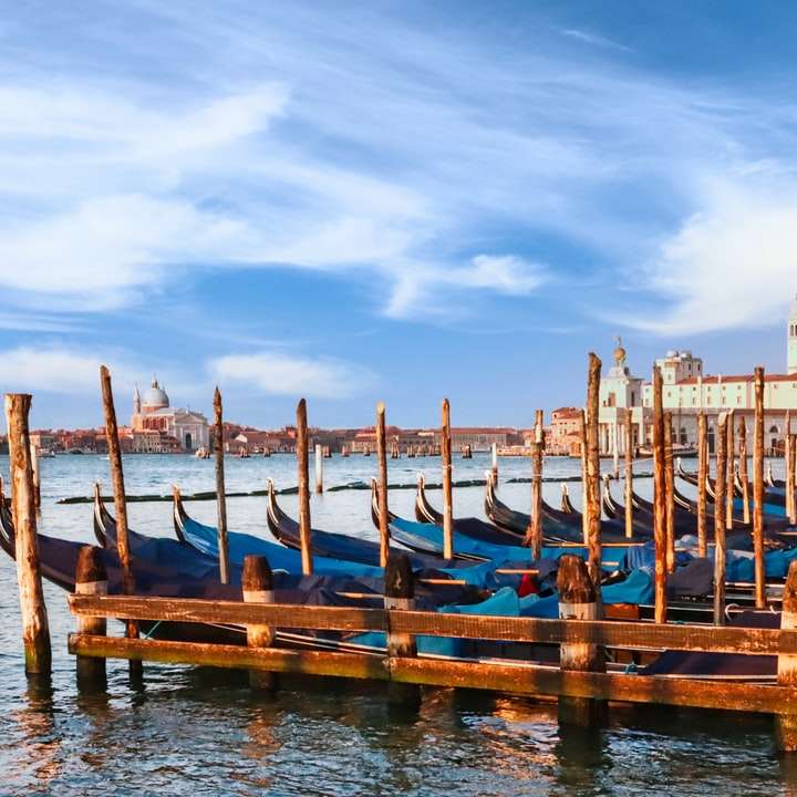 синій і коричневий човен на воді біля мосту вдень онлайн пазл