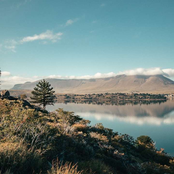 озеро біля гори під блакитним небом в денний час онлайн пазл