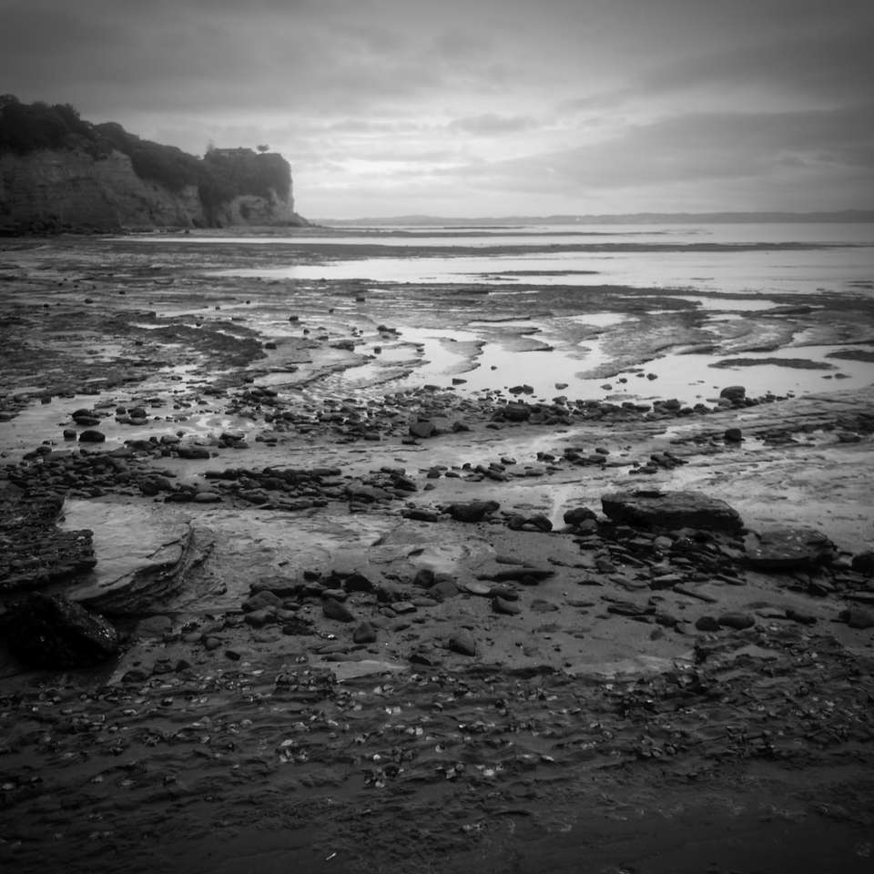 grijswaardenfoto van zeegolven die op rotsen beuken schuifpuzzel online