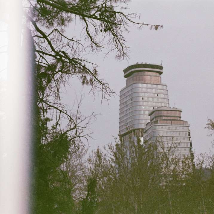 witte betonnen toren omgeven door groene bomen online puzzel