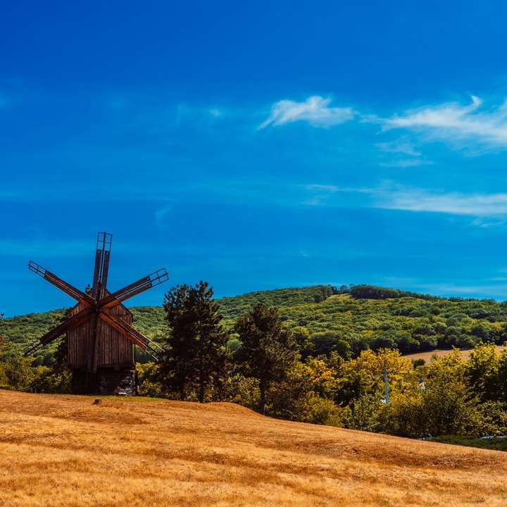 hnědý větrný mlýn na zelené louce pod modrou oblohou online puzzle