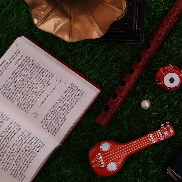 червена и бяла електрическа китара върху зелена трева онлайн пъзел
