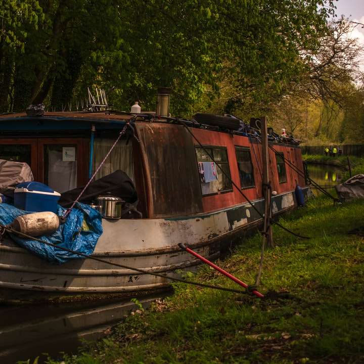 bruine en witte houten boot op groen gras overdag schuifpuzzel online