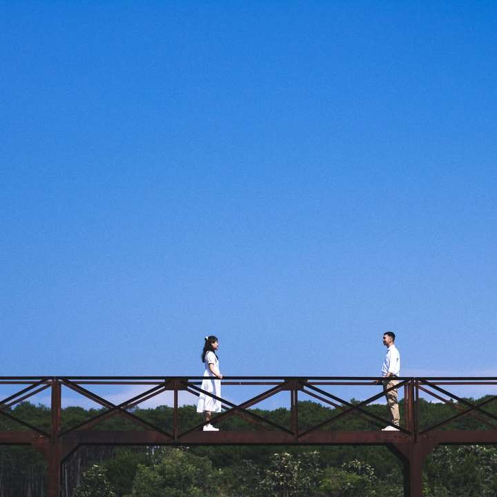 2 pessoas em pé na cerca de metal preto sob o céu azul puzzle deslizante online