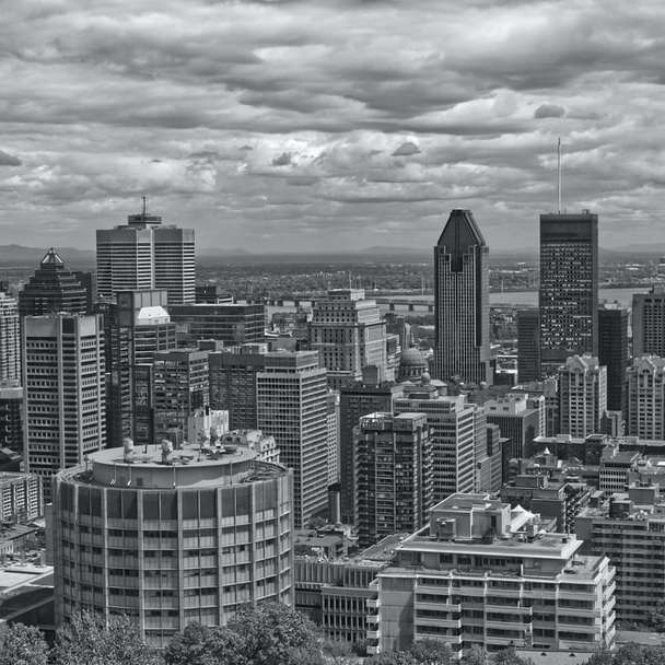 grayscale photo of city buildings online puzzle